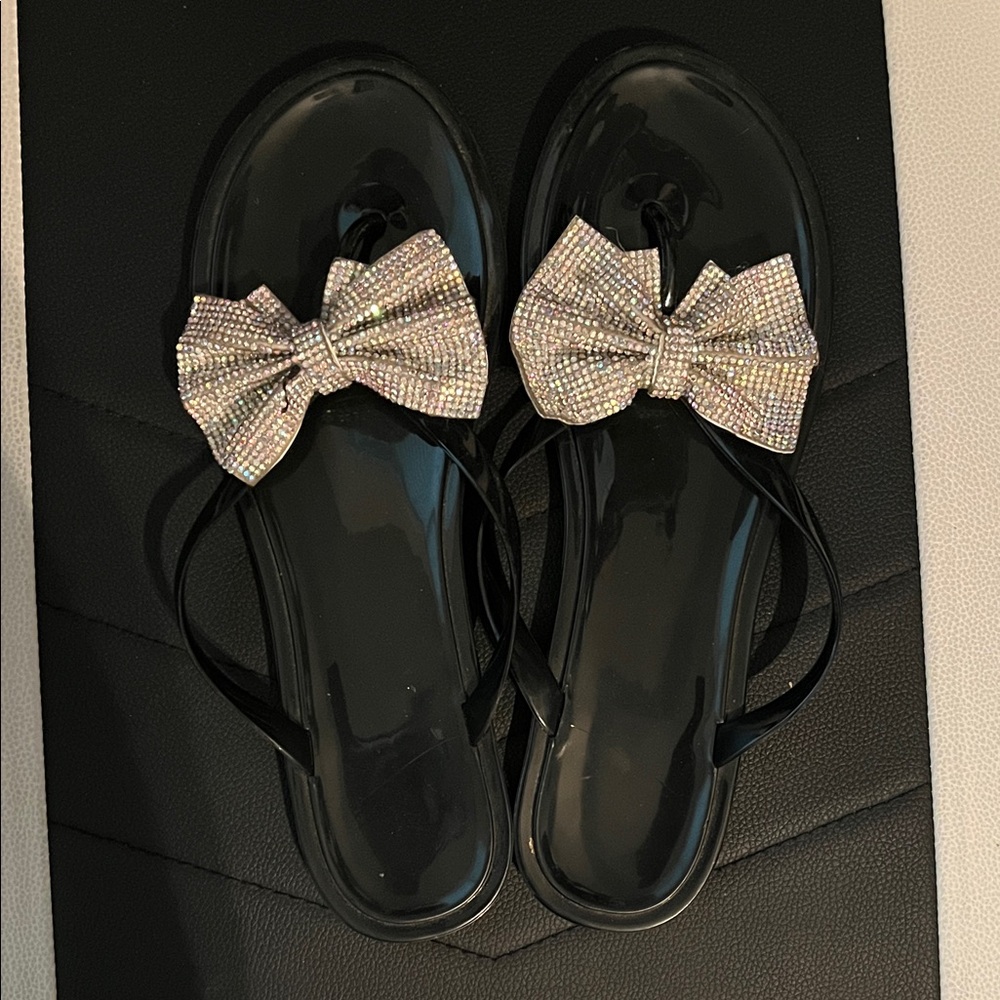Black Jelly Bow Flip-Flop Sandals with Rhinestone Bow